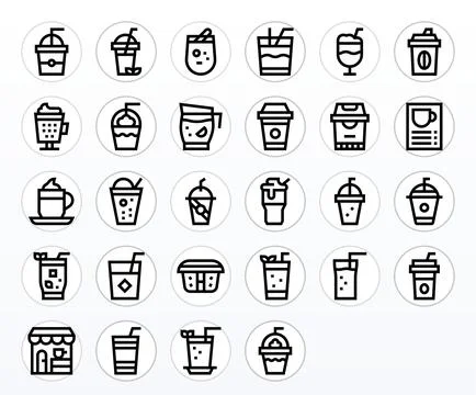 28 Grid Fitted Retina Ready Vector Icons for Iced Coffee in elegant Bold Li.. Stock Illustration