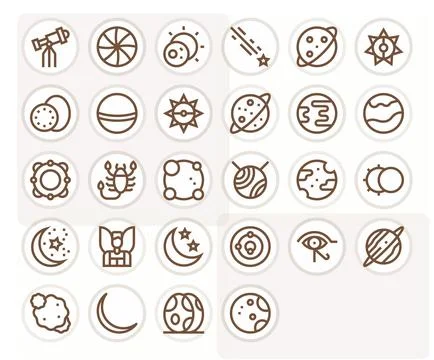 28 Grid Fitted Vector Icons themed around Celestial in 128x128 Bold Line form Stock Illustration