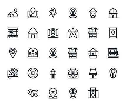 28 High Resolution Bold Line Vector Icons for Village with Detail Enhanced .. Ilustración de archivo