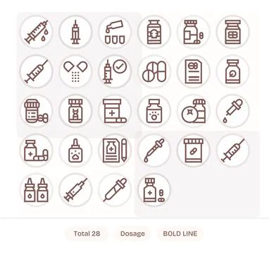 28 High Resolution Bold Line Pixel Aligned Vector Icons for Dosage Projects 스톡 일러스트