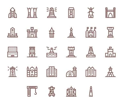 28 High Resolution Vector Icons for Tower with PIXEL Perfect Bold Line clarit 스톡 일러스트