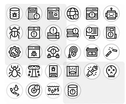 28 High Resolution Vector Icons for Malfunction in Grid Fitted Bold Line Form Stock Illustration