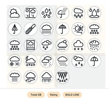 28 High Resolution Vector Icons for Rainy with Pixel Optimized Bold Line cl.. Stock Illustration