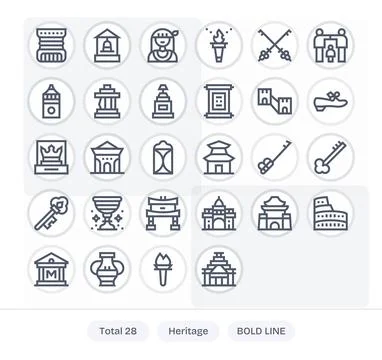 28 PIXEL Perfect Vector Icons themed around Heritage in 256x256 Bold Line f.. Illustrazione stock