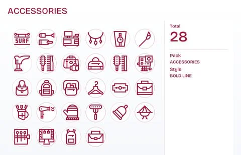 28 Vector Icons for Accessories featuring 256x256 Pixel Aligned Bold Line G.. Stock Illustration