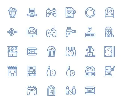 28 Vector Icons for Arcade featuring 128x128 Grid Fitted Bold Line Graphics Stock Illustration