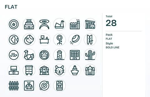 28 Vector Icons for Flat optimized in Grid Fitted High Resolution Bold Line.. Stock Illustration