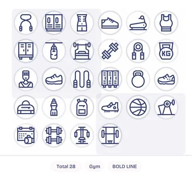 28 Vector Icons for Gym featuring 64x64 Grid Fitted Bold Line Graphics Stock Illustration