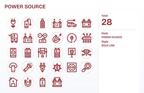 28 Vector Icons inspired by Power Source in PIXEL Perfect 64x64 Bold Line q.. Stock Illustration