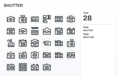 28 Vector Icons for Shutter featuring 64x64 Detail Enhanced Bold Line Graphic Stock Illustration