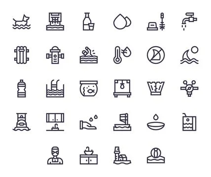 28 Water Grid Fitted Vector Icons in 64x64 Bold Line Aesthetic Stock Illustration