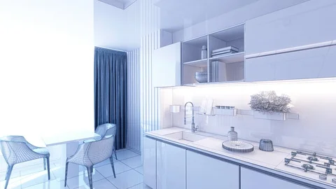 280 3D Animation Mesh rendering Graphics interior design kitchen blurred lo Stock Footage 125210996