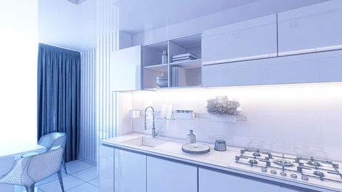 281 3D Animation Mesh rendering Graphics interior design kitchen room blurr Stock Footage 125211057