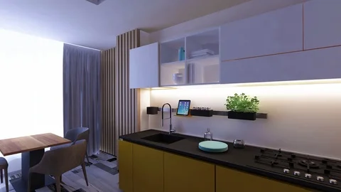 283 3D Animation Graphics interior design kitchen room blurred loft 1 Stock Footage 125210984