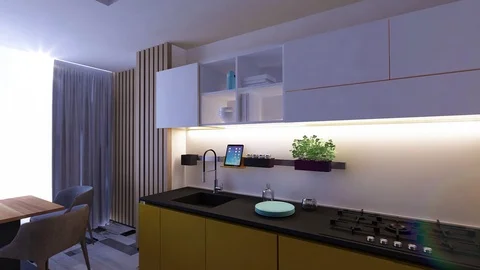 285 3D Animation Graphics interior design kitchen room blurred loft Stock Footage 125210079