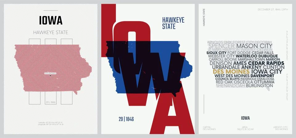 29 of 50 sets, US State Posters with name and Information in 3 Design Styles, Illustrazione stock