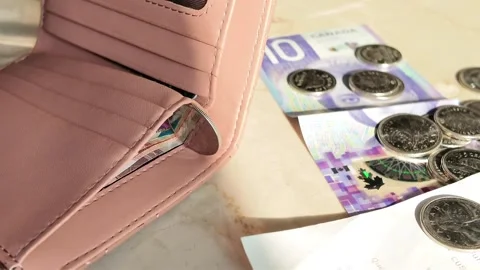 29 August 2025, Toronto, Canada — Receipts and coins on a table with calculator  Stock Footage 314870849