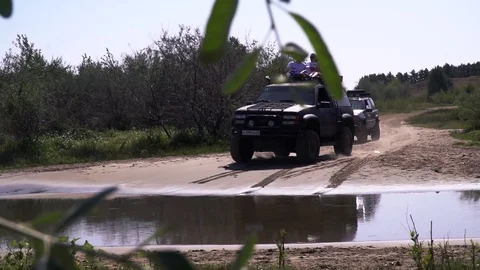 29.08.2018 Russia Salt Iletsk Jeeps driving in the desert with tourists Stock Footage 109603540