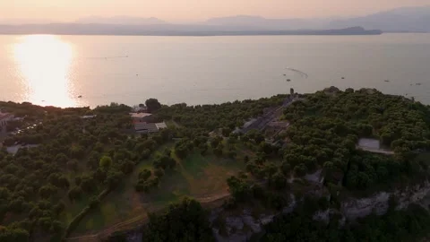 Beautiful Sunset, Sirmione, Lake Garda, Italy - Aerial Drone Beautiful Sunset, Sirmione, Lake Garda, Italy - Aerial Drone