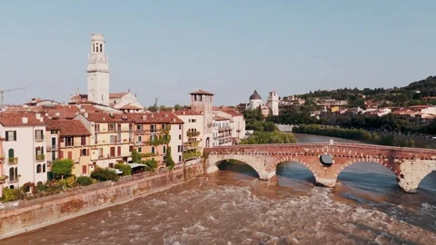 Circling Drone Shot of Ponte Pietra Bridge & River Adige, Verona