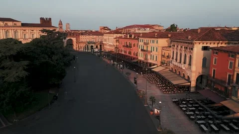 Aerial Drone of Quiet Piazza Bra at Sunrise, Verona, Italy
