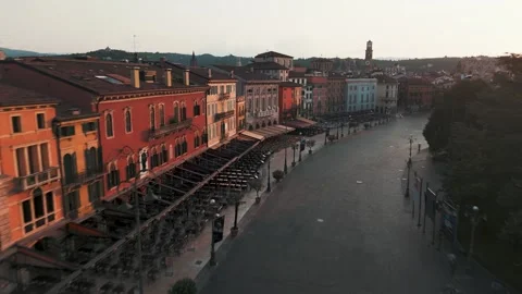 Drone Panning Back Over Piazza Bra at Sunrise, Verona, Italy
