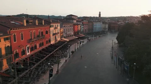 Drone Approach Over Piazza Bra at Sunrise, Verona, Italy