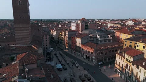 Drone Low Pass Over Piazza Erbe & Torre Lamberti, Verona