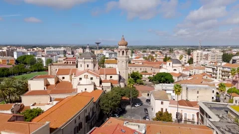 Aerial Drone Flyover of Oristano Rooftops, Sardinia, Italy