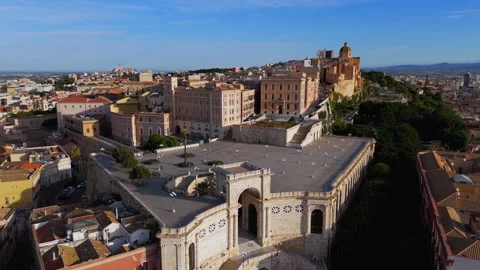 Pan out from Bastione di Saint Remy, Cagliari, Sardinia, Italy - Aerial Drone