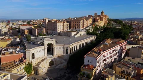 Pan Across Bastione di Saint Remy, Cagliari, Sardinia, Italy - Aerial Drone