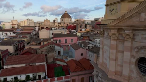 Close pass by Church of St Anne, Cagliari, Sardinia, Italy - Aerial Drone
