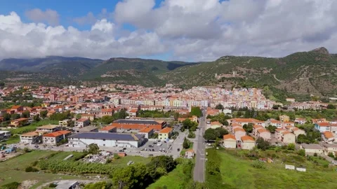 High altitude approach towards Bosa, Sardinia, Italy - Aerial Drone
