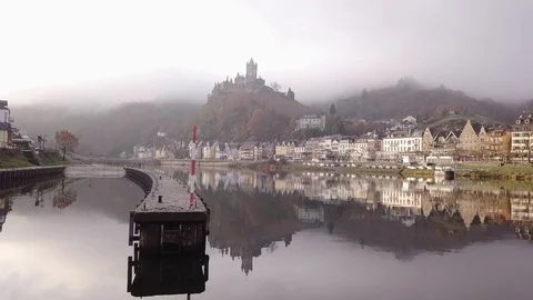 2a | MYSTICAL CASTLE IN COCHEM SET IN FOG | AERIAL Stock Footage 98996447