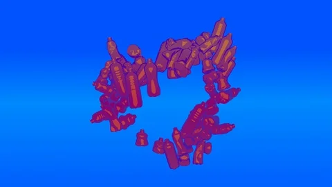 2D 3D Animation of red plastic Bottles spinning in a recycling circle on blue ba Vídeos de archivo 104975658