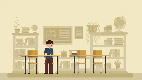 2d Angry Schoolboy Sitting At Desk At School Classroom Video stock 305159293