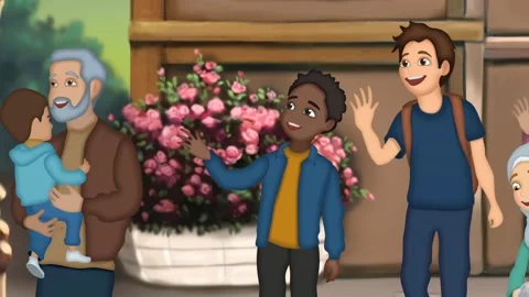 2d animated cartoon background of happy family walking in park. Stock Footage 295536390