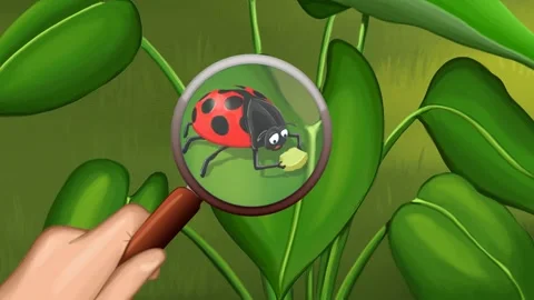 2d animated cartoon background of macro shot of ladybug on leaf. Stock Footage 295536413