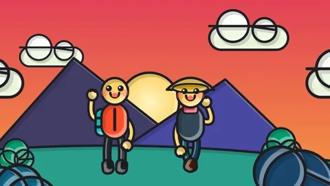 2D Animated Cartoon Characters Walking In Stylized Mountain Landscape Stock Footage 341267283