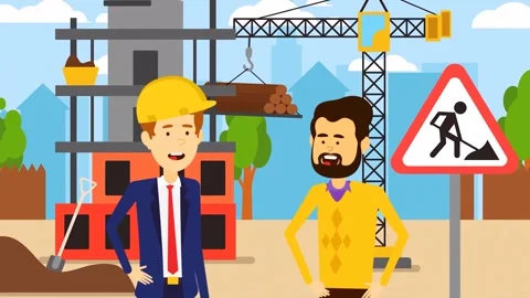 2d Animated Cartoon Construction Site With Architect And Worker Talking 動画素材 261426351