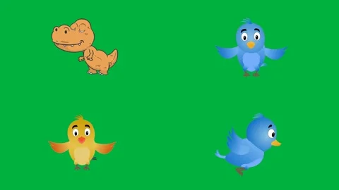 2d animated cartoon green screen with orange dinosaur yellow chick blue. Stock Footage 310122779