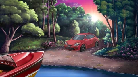 2d animated cartoon red canoe floating on calm lake, green screen. Stock Footage 295536295