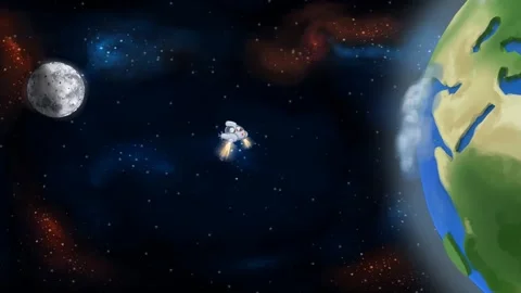 2d animated cartoon rocket flying through outer space, green screen. Stock Footage 295536320