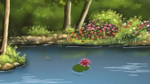 2d animated close-up view of lake with flowers along edge, green screen. Stock Footage 295536270