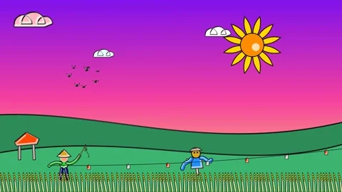 2D Animated Farmer And Scarecrow Protecting Rice Field From Birds Video stock 341366346