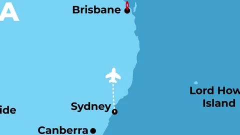 2D animated flight route map of a domestic airplane flying from Sydney to 스톡 동영상 344998955