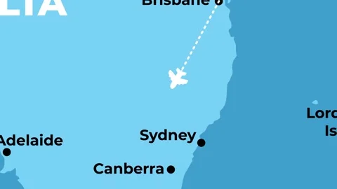 2D animated flight route map of a domestic airplane flying from Brisbane to Видео 344998981