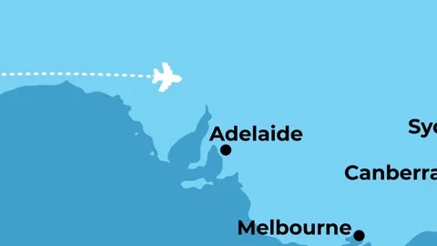 2D animated flight route map of a domestic airplane flying from Perth to Sydney Stock Footage 344998991