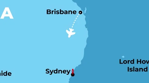 2D animated flight route map of a domestic airplane flying from Brisbane to 스톡 동영상 344999011