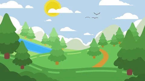 2d Animated Forest Landscape Scene With Trees, Field And Birds Flying Vidéo 261426360